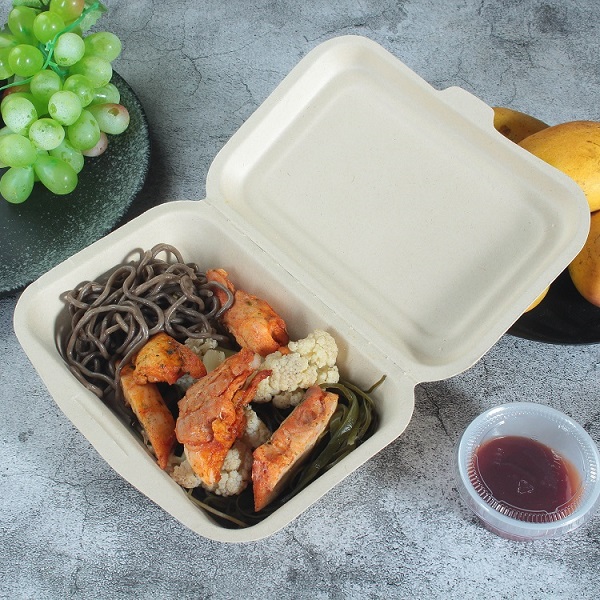 A natural color bagasse rectangular clamshell container with black noodles and chicken is placed on a gray cracked table with purple, green grapes, mango and a transparent dip sauce cup with ketchup.