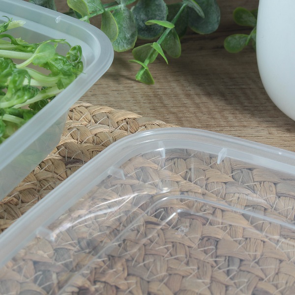 A transparent disposable plastic bento box with lid and box edge details