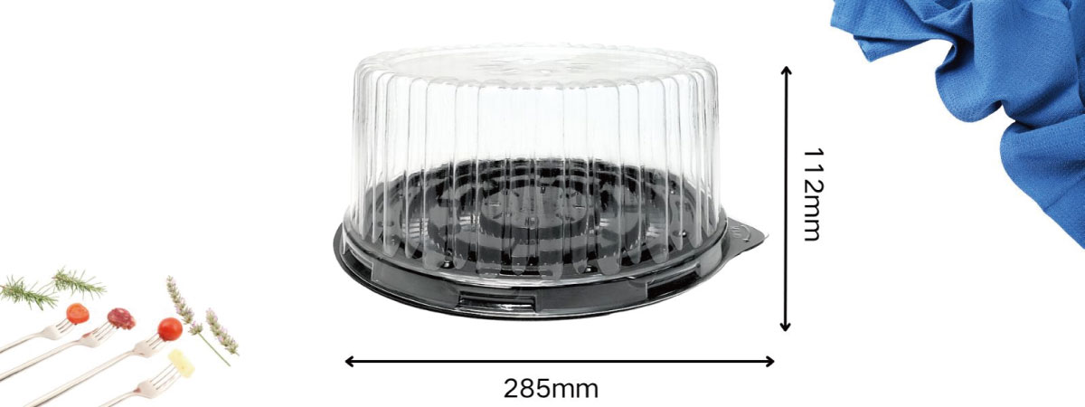 A clear round cake box with dimensions 285mm x 112mm.